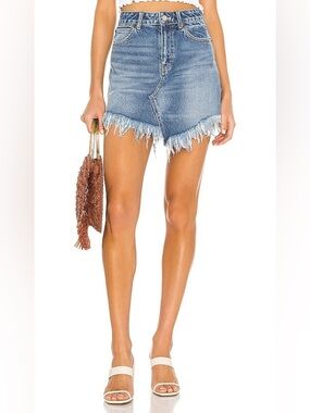 We the Free People Bailey Fringe High-Waisted Denim Mini Skirt 28 like new boho